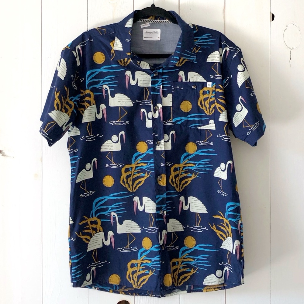 Sovereign Code Navy Flamingo Cotton Havana Short Sleeve Shirt Size Medium